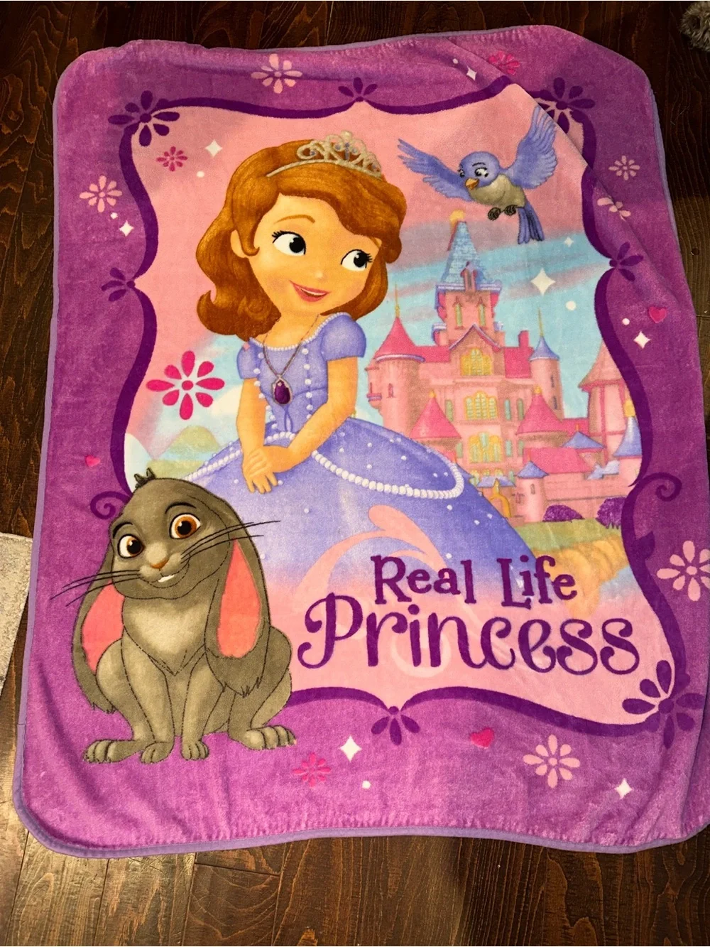Disney Sofia the First plush throw blanket featuring Sofia and Clover the Rabbit